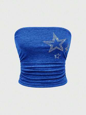 Grunge Punk Damen trägerlose graue & schwarze Bluse mit Stern-Strass-Verzierung