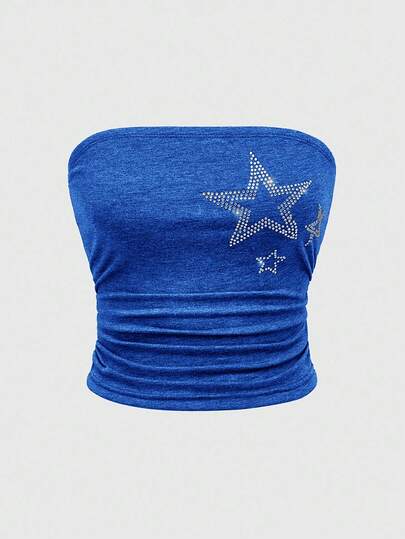 Grunge Punk Top sin tirantes gris y negro con adornos de strass con forma de estrella