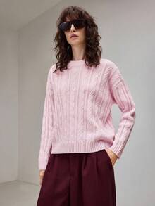 Ontre 2025 New Arrival Women's Knitted Blend Sweater, Solid Color, Modern Urban Style, Pink, Soft Knit Fabric, Loose H-Line Silhouette, Round Neck, Business Casual, Commuter, Daily Wear, Autumn/Winter, Cable Knit Pattern, Suitable For Halloween, Christmas, Vacation Party, Wedding Guest, High-End Design, Ladies Outerwear Top, Comfortable & Versatile, Fashionable Women Sweater
