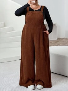 SHEIN CURVE+ Plus Size Women Brown Ribbed Fabric Jumpsuit, Autumn/Winter
