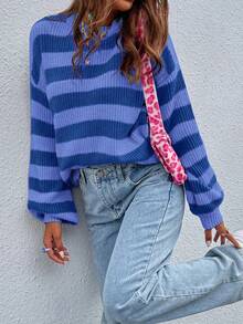 SoleilVie Striped Pattern Drop Shoulder Jumper