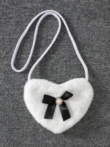 Young Girl Cute White Fluffy Comfortable Autumn/Winter Pearl Button Black Bow Heart Decor Jacket, Super Adorable Fall