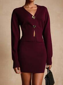 Vesra Cardigan asimmetrico in maglia con bottoni, design di alta qualità, set da 2 pezzi, moda casual minimalista da donna - Bordò - Visualizzare 6