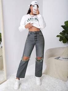 SHEIN EZwear Jeans rectos con pierna derecha, desgarrados y con corte crudo, estilo Y2K - Neblina azul - Ver 3