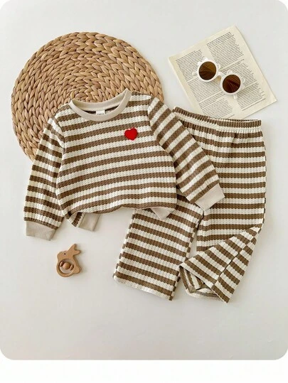 SHEIN Set med randig tröja och mjukisbyxor för babyflicka, höst