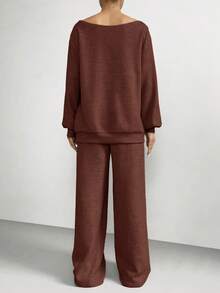 SHEIN EZwear Ensemble Top et pantalon décontracté unicolore pour femmes - Acajou - Voir 2