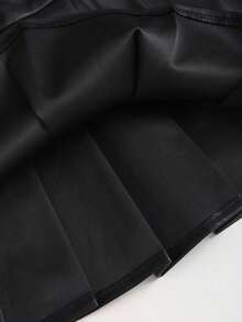 Sweetra 女式优雅复古性感 PU 皮革双腰带褶皱 A 字超级裙，秋季 - 黑色 - 查看 8