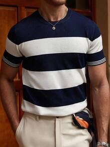 Manfinity Homme Men's Striped Knitted Casual Short Sleeved Round Neck Sweater, Suitable For Daily Commuting - Multicolor - View 7