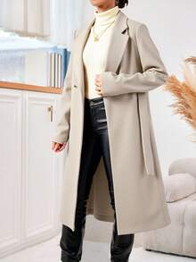 EURMUSE Lapel Neck Belted Split Hem Overcoat - Apricot - View 4