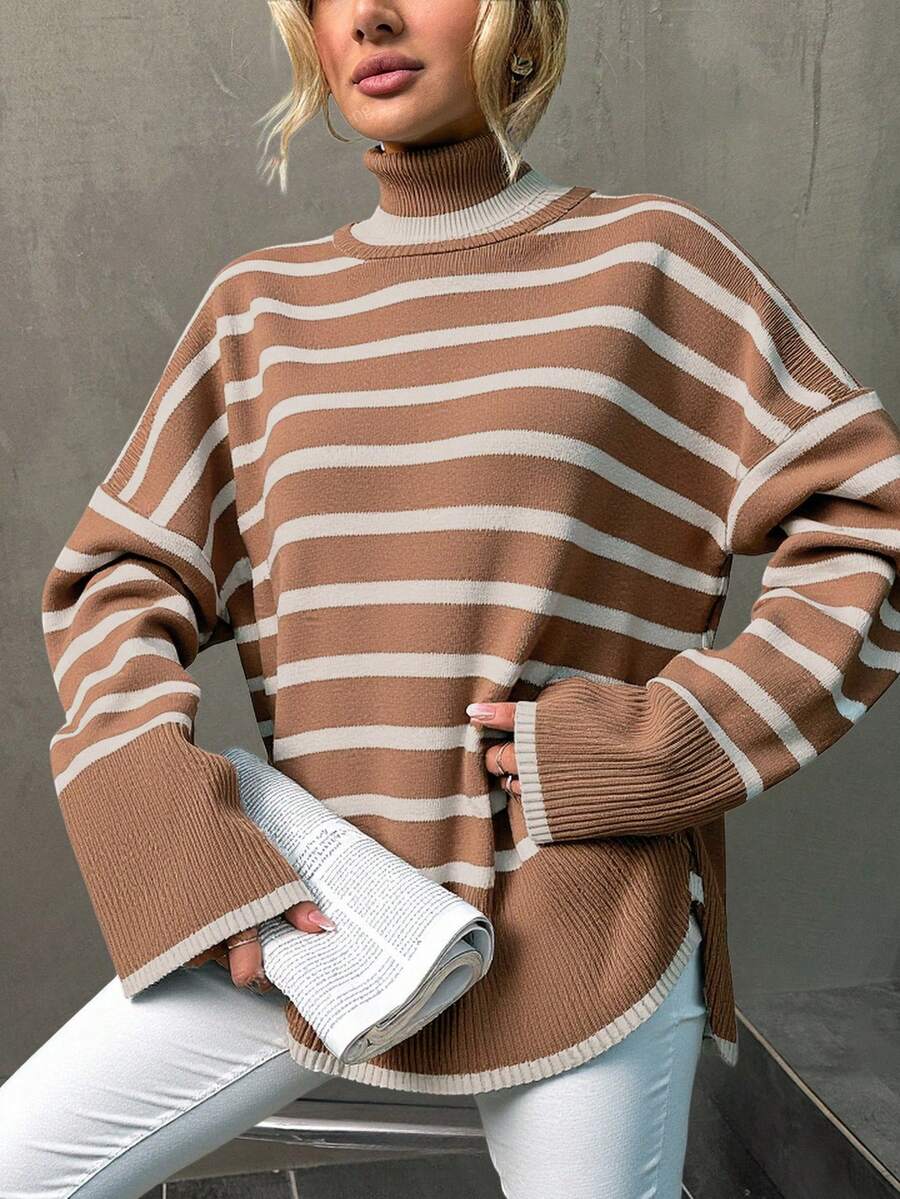 EURMUSE Striped Pattern Turtleneck Drop Shoulder Sweater - Camel - View 1