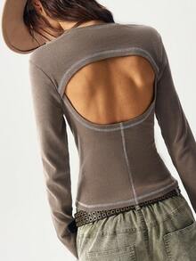 Bohemela BOHO Casual Solid Color Knit Long Sleeve Backless Women Top, Autumn - Mocha Brown - View 1