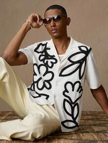 AKNOTIC AKNOTIC X Nawaf Alabid Men's Floral Embroidered Casual Slim Fit Short Sleeve Collared Button-Down Shirt, Suitable For Summer, Vacation, Daily Wear, Party, Couple, Men's Gift, Boxy Fit