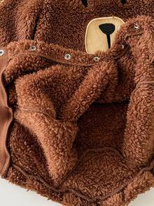 新生女宝宝可爱毛绒棕色卡通图案长袖连体衣，秋冬季 - 棕色 - 查看 5