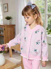 SHEIN Strawberry Blossom: Baby Girls' Cardigan Sweater Set. Strawberry Jacquard, Ruffle Hem And Neckline Design, And Cardigan Style, Cute And Fashionable For Baby Girls Fall Winter - Multicolor - View 1