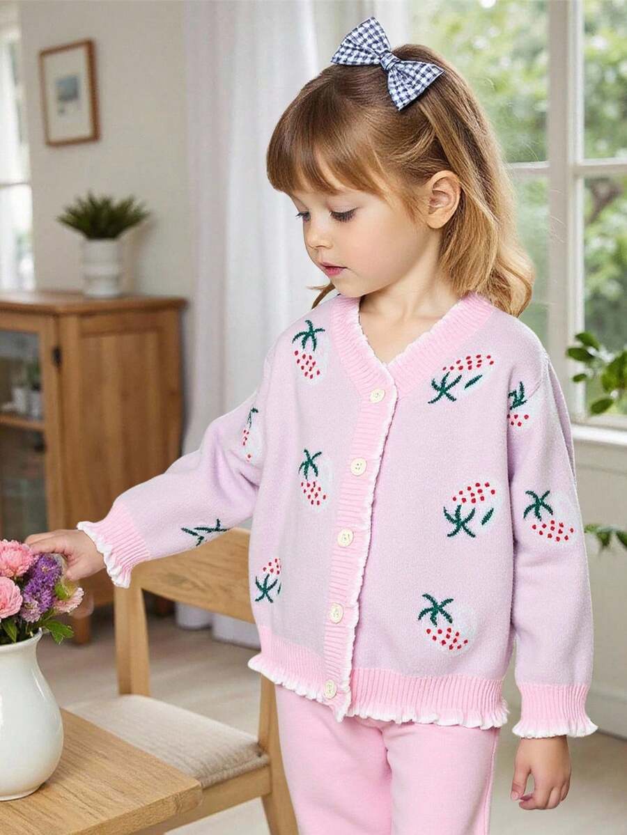 SHEIN Strawberry Blossom: Baby Girls' Cardigan Sweater Set. Strawberry Jacquard, Ruffle Hem And Neckline Design, And Cardigan Style, Cute And Fashionable For Baby Girls Fall Winter - Multicolor - View 1