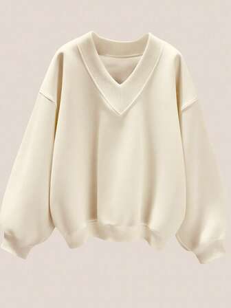 SHEIN EZwear 大码女式纯色V领大码宽松休闲运动衫，百搭外出，适合秋冬季