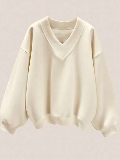 SHEIN EZwear 大码女式纯色V领大码宽松休闲运动衫，百搭外出，适合秋冬季