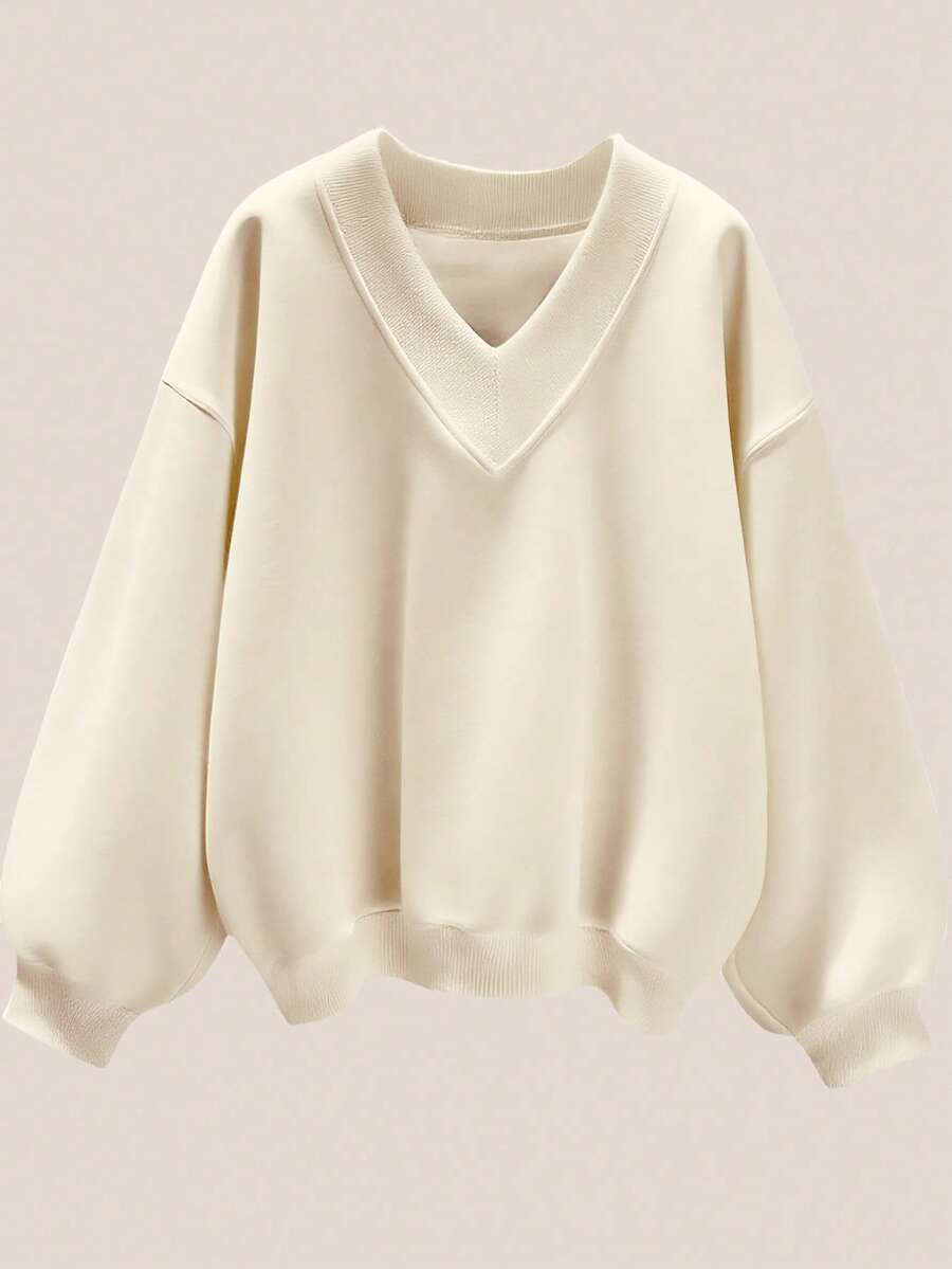 SHEIN EZwear 大码女式纯色V领大码宽松休闲运动衫,百搭外出,适合秋冬季 - 杏色 - 查看 1