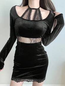 DAZY Women's Fashion Sexy Lace Patchwork Bodycon Dress Prom Dress - Black - View 2