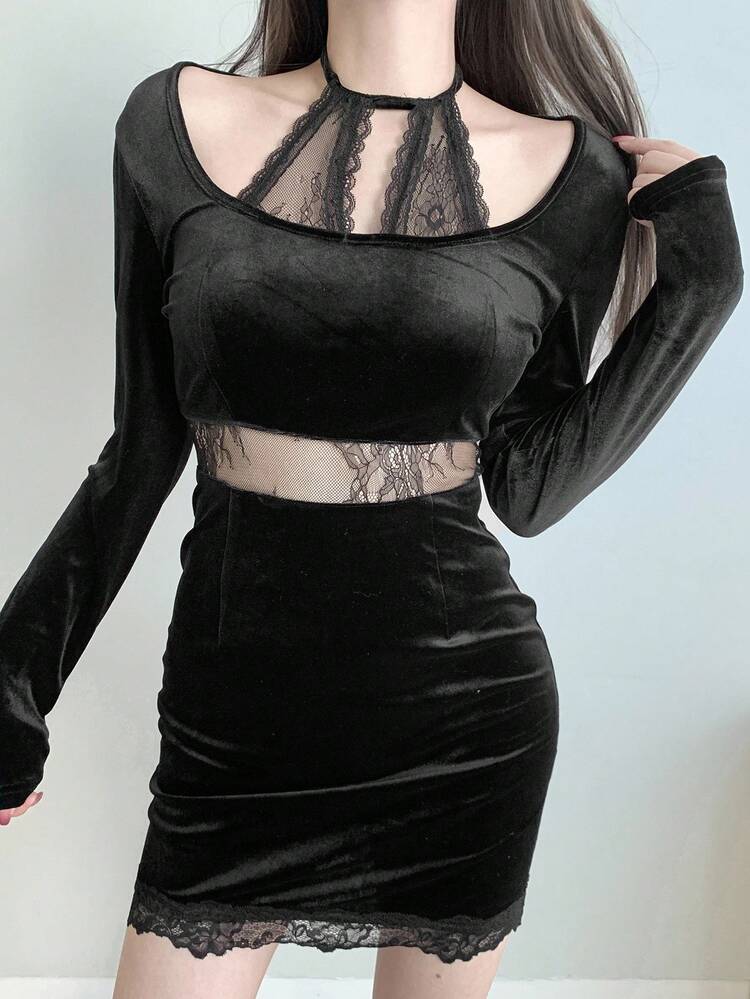 Women's Fashion Sexy Lace Patchwork Bodycon Dress Prom Dress