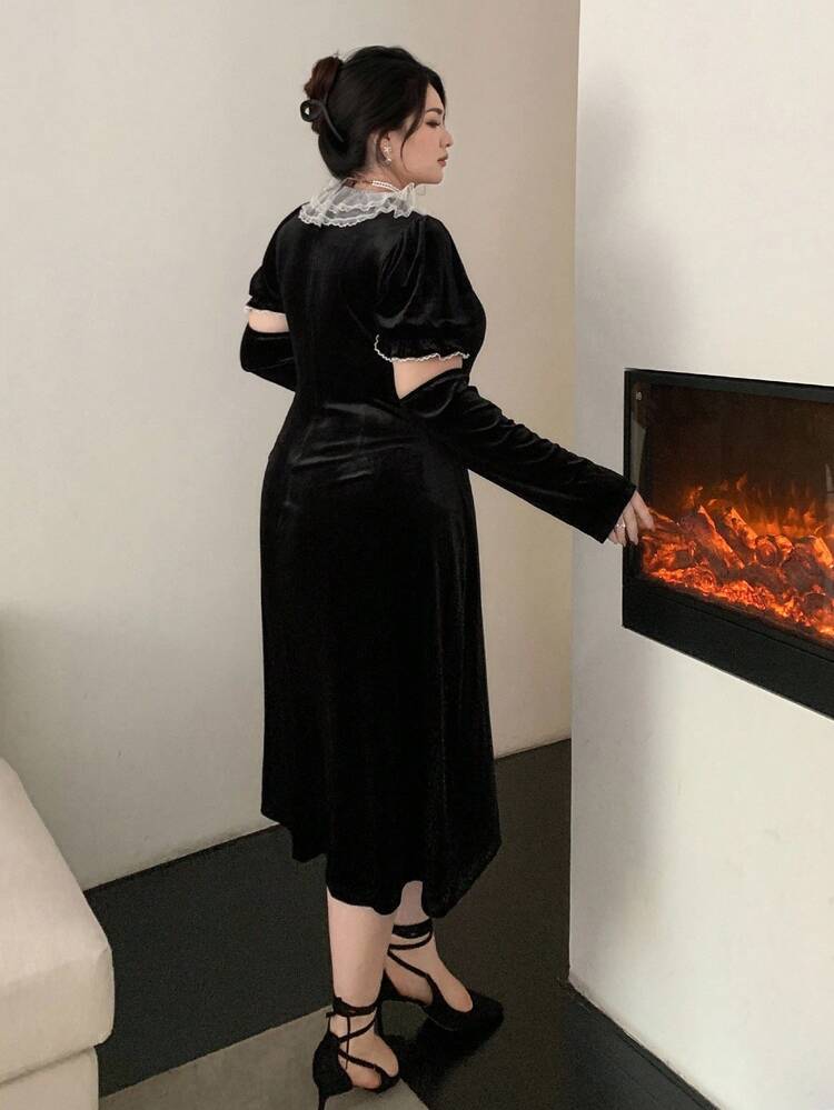 Dazy Plus Christmas Plus Size Women's Contrast Color Patchwork Peter Pan Collar Elastic Thick Velvet Waist Cinched Long Sleeve Dress, Black, Formal Occasion, Autumn/Winter Dress