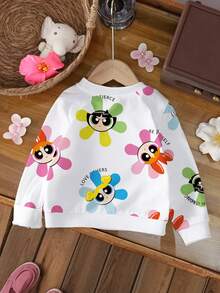 THE POWERPUFF GIRLS X SHEIN Moletom casual fofo com estampa de flor, bolhas e botão de ouro para bebês meninas, adequado para uso diário na primavera/outono