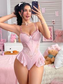 SHEIN 浪漫蕾丝可爱娃娃内衣套装 - 粉色 - 查看 1