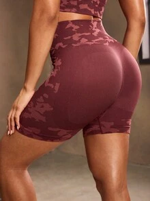 Powerista Women's Camouflage Print High Waist Casual Fitness Workout Shorts - Burgundy - View 2
