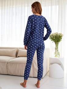 Letter & Cartoon Embroidery Flannel Pajamas Set - Navy Blue - View 2
