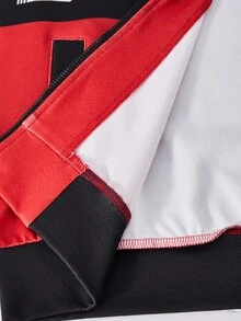 SHEIN ChillGRL 2 Stücke/Set Romweezy Teenager Mädchen Schwarz & Rot Kontrast Farbe Stehkragen Kurze Strickjacke kombiniert mit weiter Hose, Zahlen & Englische Buchstaben Grafik Muster, Seitentaschen, normale Dicke, geeignet für Lässig, Pendeln, Sport, Frühling & Herbst Urlaub