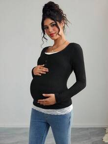 Momance Camiseta de maternidad de punto acanalado con parches y contraste de color con encaje