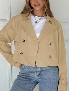 SHEIN EZwear Áo khoác thường ngày tay dài cài hai hàng khuy cổ ve trơn màu dành cho nữ, mùa thu - Lạc đà - Xem 4