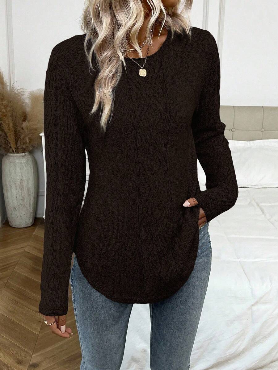 EMERY ROSE Women's Elegant Cable Pattern Crew Neck Long Sleeve Sweater, Autumn/Winter - Brown - View 1