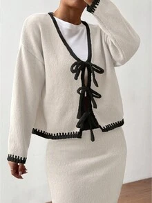 Flirla 2件套渐变蝴蝶结肩带休闲基础针织套装，秋冬款 - 彩色 - 查看 3