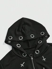 ROMWE Goth Sudadera con gráfico de cruz y decoración de anillo de estilo gótico y de calle de moda para tallas grandes, abrigo de manga larga negro de talla grande para otoño/invierno - Negro - Ver 3
