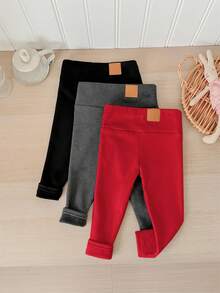 SHEIN LMoss Kids LMoss 3件套女婴秋冬加厚保暖内衬打底裤（黑色、灰色和杏色）。买1送3，百搭休闲保暖内衬裤 - 紅色 - 查看 3