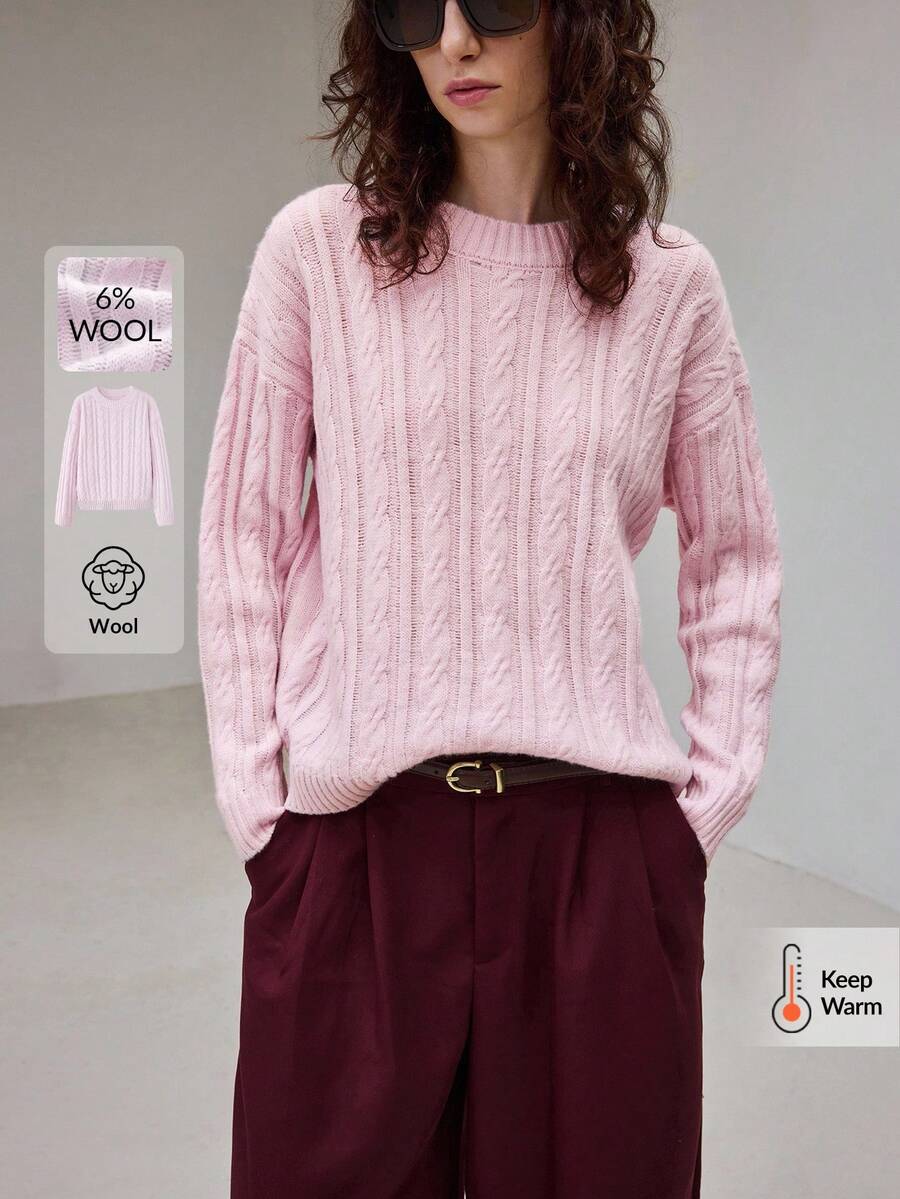 Ontre 2025 New Arrival Women's Knitted Blend Sweater, Solid Color, Modern Urban Style, Pink, Soft Knit Fabric, Loose H-Line Silhouette, Round Neck, Business Casual, Commuter, Daily Wear, Autumn/Winter, Cable Knit Pattern, Suitable For Halloween, Christmas, Vacation Party, Wedding Guest, High-End Design, Ladies Outerwear Top, Comfortable & Versatile, Fashionable Women Sweater