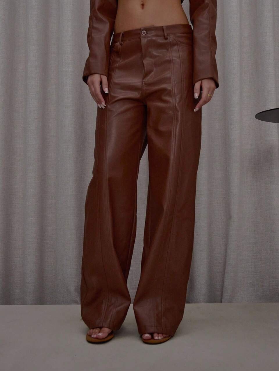 Wide Leg Faux Leather Center Seam Trousers Bottom Only Streetwear Classy Casual Sexy Going Out Toffee Summer