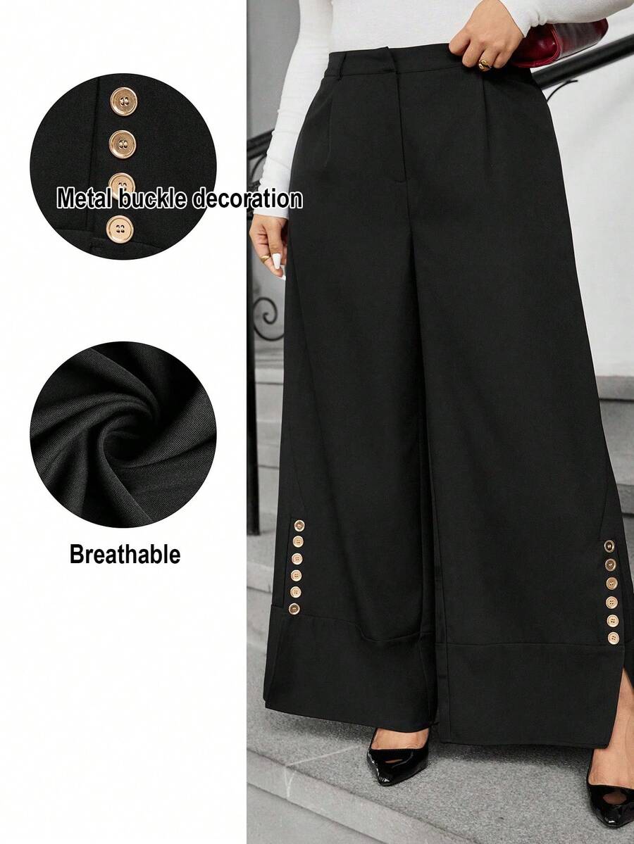 Easura Plus Size Woven Fabric Elegant Office Wear Front Pleated Slant Pocket Slit Hem Metal Button Decor Wide Leg Pants For Women - Black - View 1