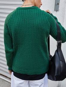 Manfinity CasualKnits 男士纯色圆领休闲百搭长袖套头毛衣，华夫格针织长袖绿色毛衣，秋冬款 - 綠色 - 查看 3