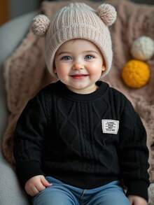 SHEIN Playful Pals 1 件男婴休闲字母贴花针织钻石提花图案圆领运动衫，舒适的日常穿着，秋冬季，家庭配套服装妈妈和我（3 件单独出售）