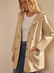 Écloséra Women's Drawstring Waist Slimming Hooded Contrast Plaid Mid-Length Autumn And Winter Button Casual Commuter Jacket - Khaki - View 4