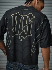 AXEPEAK Men's Letter & Spider Web Striped Print Round Neck Short Sleeve Casual T-Shirt - Black - View 2