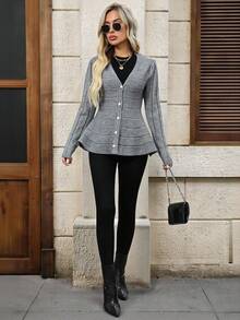 EMERY ROSE Femmes Mode Col V Design Croisé Taille A-Line Cardigan Pull, Cardigan Gris Polyvalent Femmes Cardigan Boutonnage Cardigan Boutons Perle Cardigan Gris Peplum Cardigan Pull D'hiver Femmes Automne Pour Femmes Hiver Pour Femmes Sortie - Gris - Voir 5