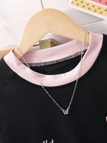 Sparklyn 1pc Young Girls' Black Patchwork Long Sleeve T-Shirt, Soft Fabric, Comfortable, Suitable For School, Outings, Photo Shoots, Versatile, Must-Have Stylish Long Sleeve T-Shirt For Girls