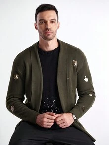 Manfinity CityGents 男士亮片装饰披肩领休闲开衫，秋冬 - 卡其色 - 查看 3