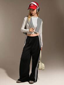 Hanevo Teenage Girls Casual Knitted Ribbon Elastic Waist Loose Sweatpants,Holiday,Summer,Travel - Black - View 2