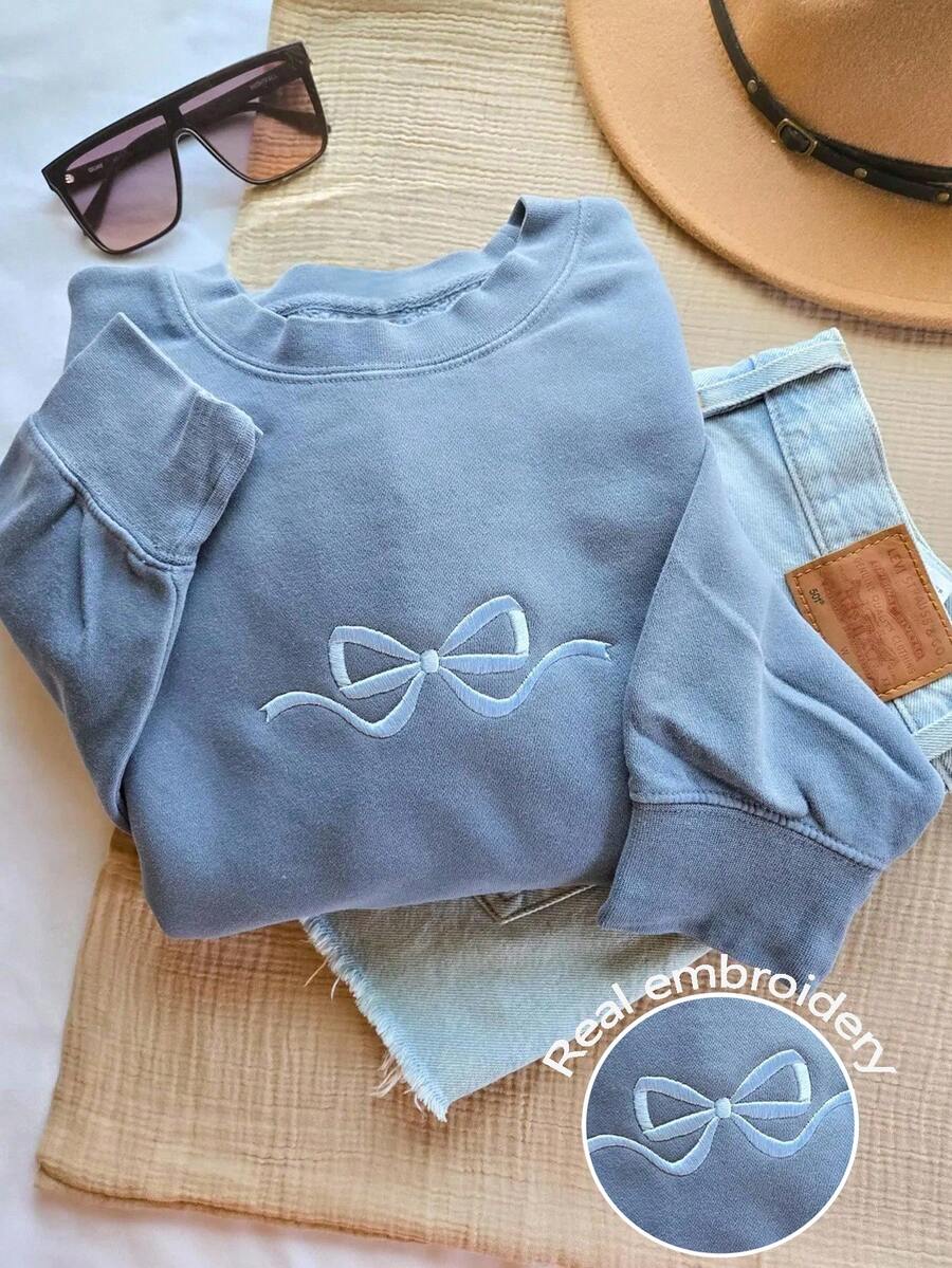 INAWLY Plus Size Women's Bow Embroidery Fleece Crew Neck Drop Shoulder Long Sleeve Sweatshirt, Autumn/Winter - Baby Blue - View 1