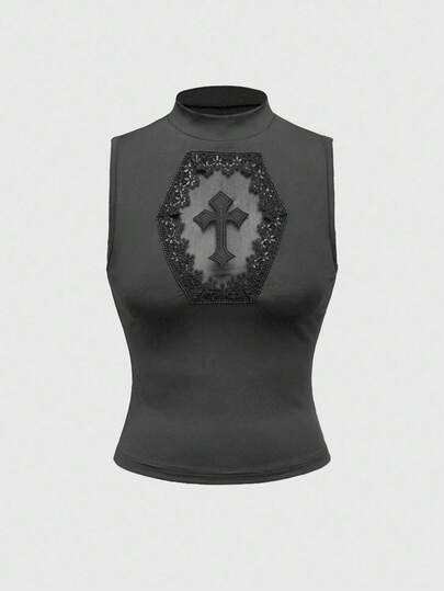 J-Fashion Women's Slim Fit Mandarin Collar Hollow Cross Embroidered Top