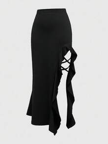 ROMWE PETITE Women's Retro Basic Music Festival Sexy Slit Ruffle Hem Mini Skirt